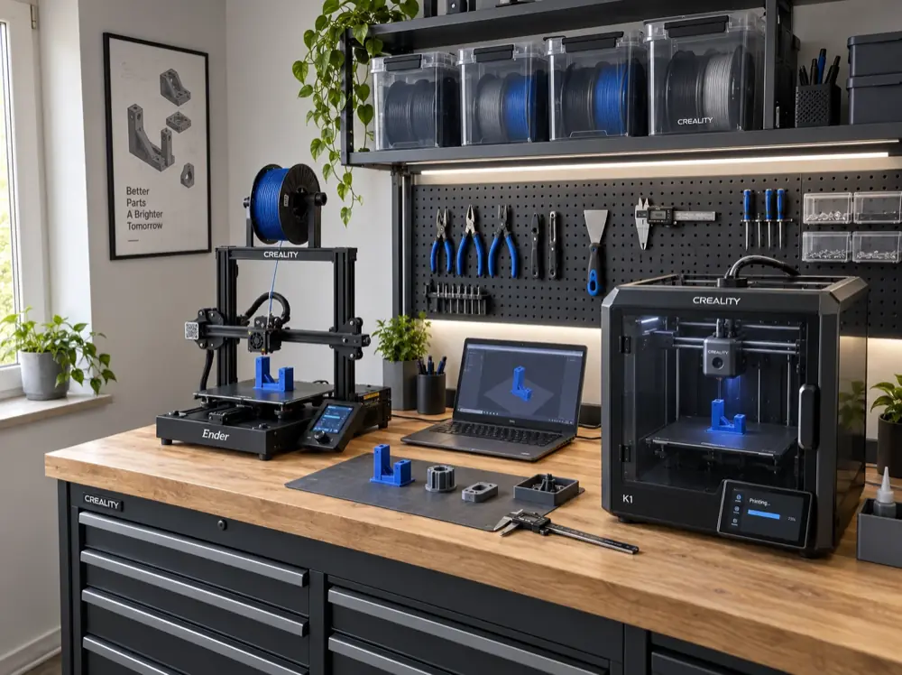 Werkstatt mit zwei 3D-Druckern auf einer Werkbank, Filamentrollen, Werkzeugwand und frisch gedruckten Teilen